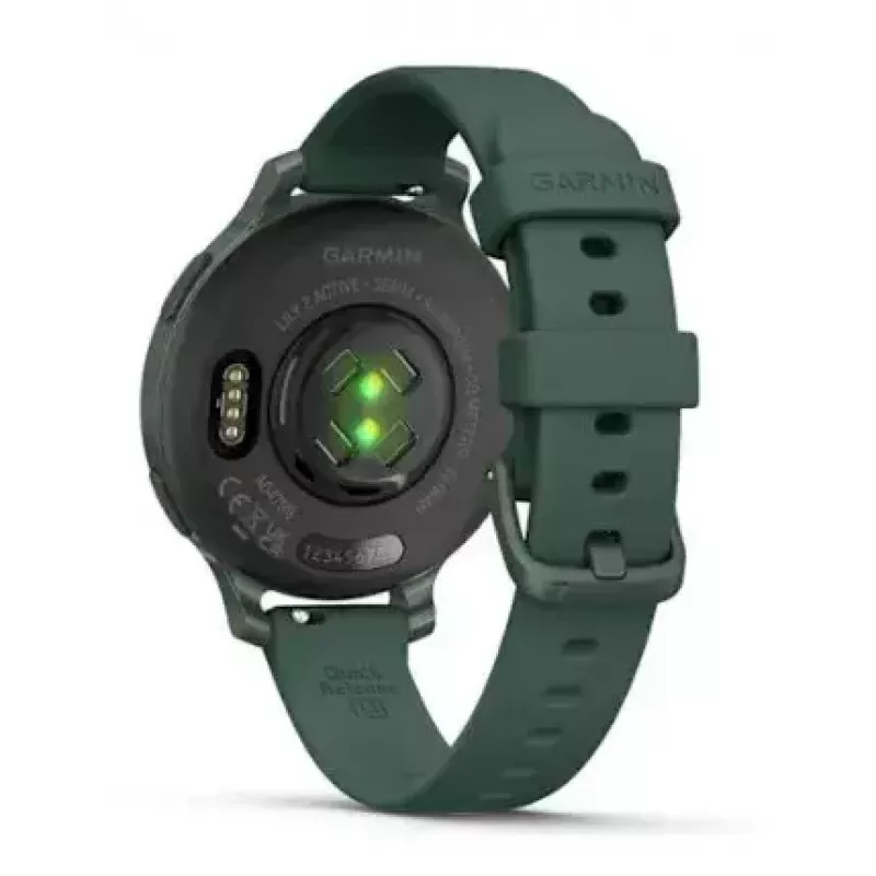 Išmanusis laikrodis GARMIN Lily 2 Active Green — 38 mm aliuminio korpusas, silikoninis dirželis, GPS, SpO2, 5 ATM, baterija 9 dienos