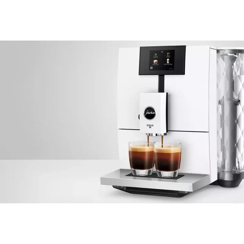 Espreso aparatas JURA ENA 8 (EC) — visiškai automatinis, 1,1 L vandens talpykla, 125 g pupelių talpykla, 15 programų, 15 barų, termoblokas, „Wi‑Fi“, balta
