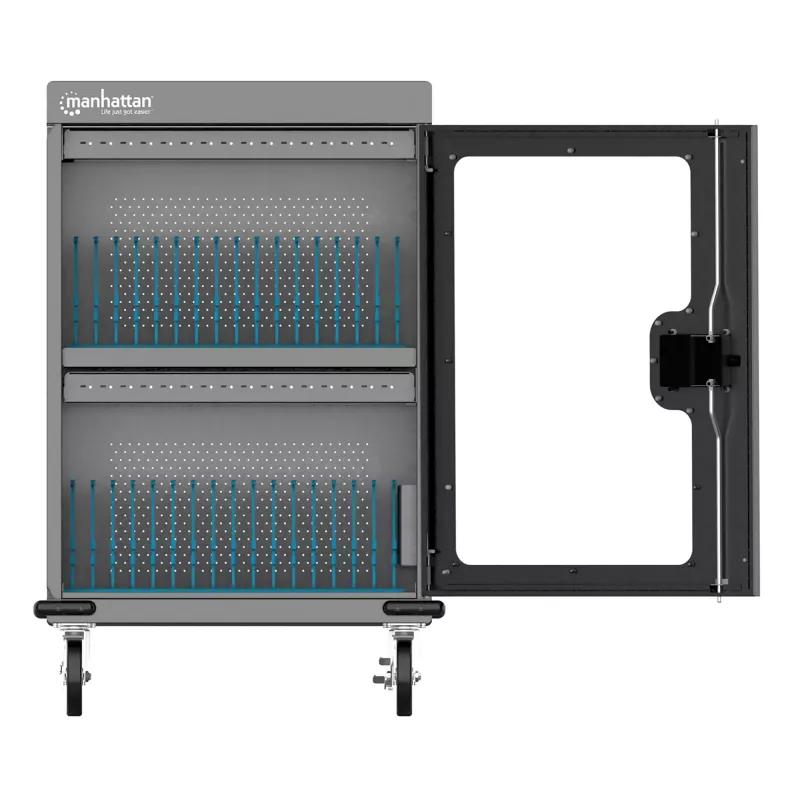 Manhattan iPad iki 13 colių, MacBook Air iki 15 colių ir Chromebook 15,6 colio 32 skyrių įkrovimo vežimėlis per USB-C, Taip pat kitiems planšetiniams kompiuteriams/išmaniesiems telefonams (naudojant USB-C kabelį), Skyriai 404x27,6x283 mm, Įkrovimo kabeliai nepridedami (siūlomas USB-C kabelis 354868), Spinta