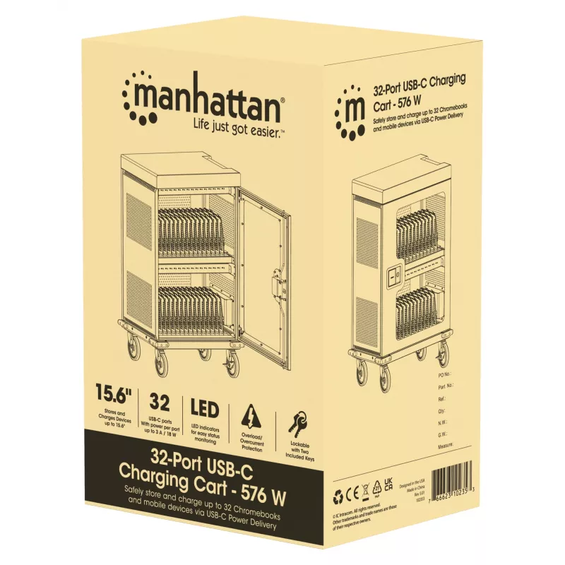 Manhattan iPad iki 13 colių, MacBook Air iki 15 colių ir Chromebook 15,6 colio 32 skyrių įkrovimo vežimėlis per USB-C, Taip pat kitiems planšetiniams kompiuteriams/išmaniesiems telefonams (naudojant USB-C kabelį), Skyriai 404x27,6x283 mm, Įkrovimo kabeliai nepridedami (siūlomas USB-C kabelis 354868), Spinta