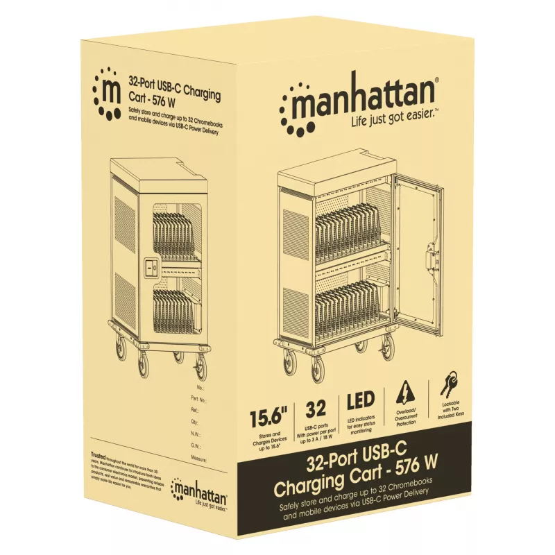 Manhattan iPad iki 13 colių, MacBook Air iki 15 colių ir Chromebook 15,6 colio 32 skyrių įkrovimo vežimėlis per USB-C, Taip pat kitiems planšetiniams kompiuteriams/išmaniesiems telefonams (naudojant USB-C kabelį), Skyriai 404x27,6x283 mm, Įkrovimo kabeliai nepridedami (siūlomas USB-C kabelis 354868), Spinta