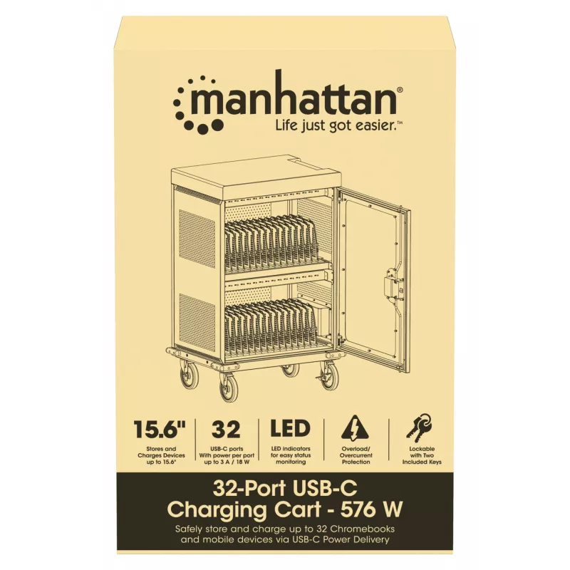 Manhattan iPad iki 13 colių, MacBook Air iki 15 colių ir Chromebook 15,6 colio 32 skyrių įkrovimo vežimėlis per USB-C, Taip pat kitiems planšetiniams kompiuteriams/išmaniesiems telefonams (naudojant USB-C kabelį), Skyriai 404x27,6x283 mm, Įkrovimo kabeliai nepridedami (siūlomas USB-C kabelis 354868), Spinta