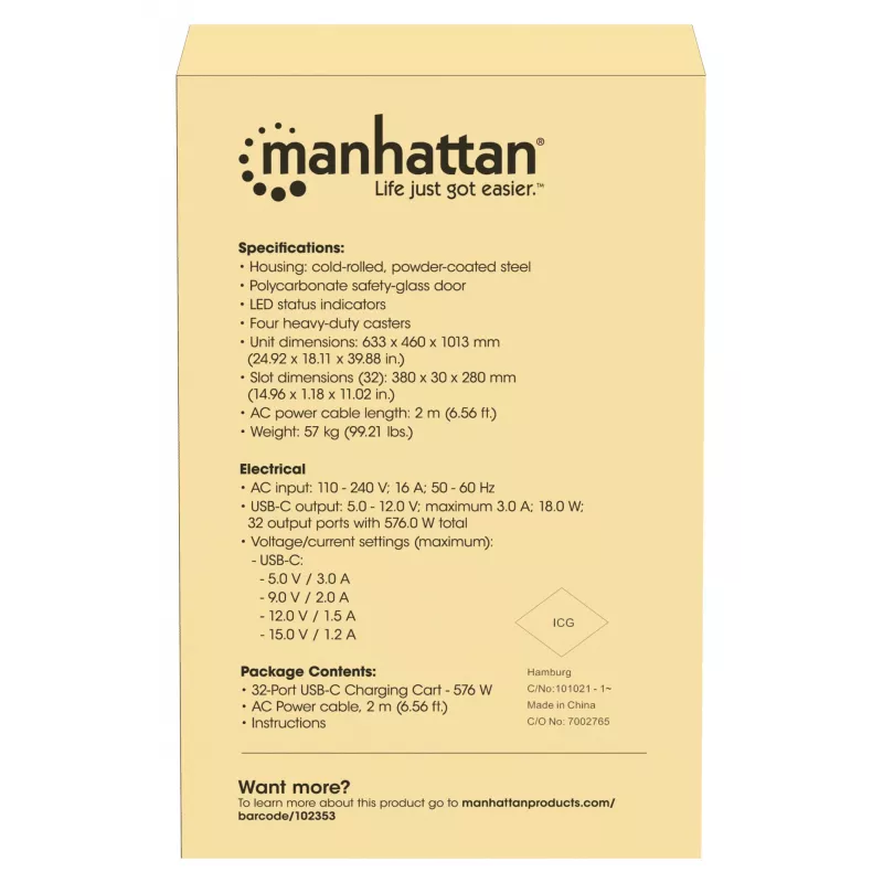 Manhattan iPad iki 13 colių, MacBook Air iki 15 colių ir Chromebook 15,6 colio 32 skyrių įkrovimo vežimėlis per USB-C, Taip pat kitiems planšetiniams kompiuteriams/išmaniesiems telefonams (naudojant USB-C kabelį), Skyriai 404x27,6x283 mm, Įkrovimo kabeliai nepridedami (siūlomas USB-C kabelis 354868), Spinta