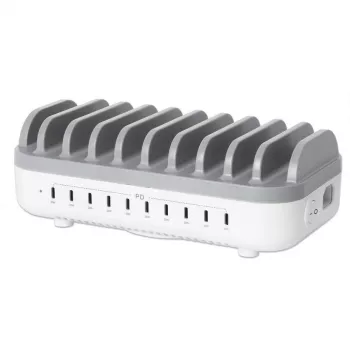 Manhattan 10 prievadų USB-C įkrovimo stotelė, USB-C išvestis: 10x 20W, maks. 200W, maitinimas iš kintamosios srovės tinklo (įsk. US/EU/UK adapterius)
