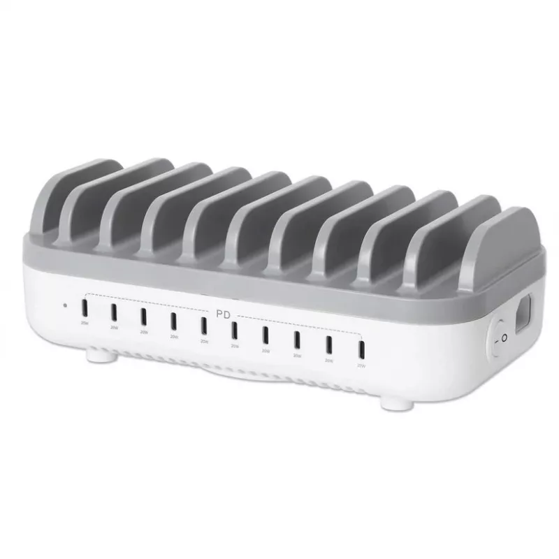 Manhattan 10 prievadų USB-C įkrovimo stotelė, USB-C išvestis: 10x 20W, maks. 200W, maitinimas iš kintamosios srovės tinklo (įsk. US/EU/UK adapterius)