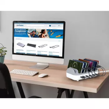 Manhattan 10 prievadų USB-C įkrovimo stotelė, USB-C išvestis: 10x 20W, maks. 200W, maitinimas iš kintamosios srovės tinklo (įsk. US/EU/UK adapterius)