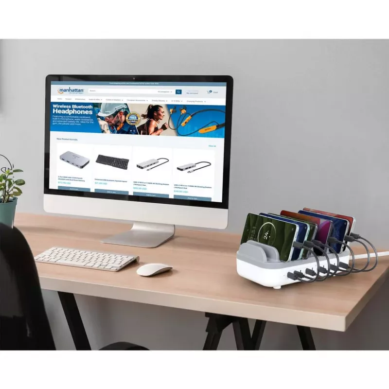 Manhattan 10 prievadų USB-C įkrovimo stotelė, USB-C išvestis: 10x 20W, maks. 200W, maitinimas iš kintamosios srovės tinklo (įsk. US/EU/UK adapterius)