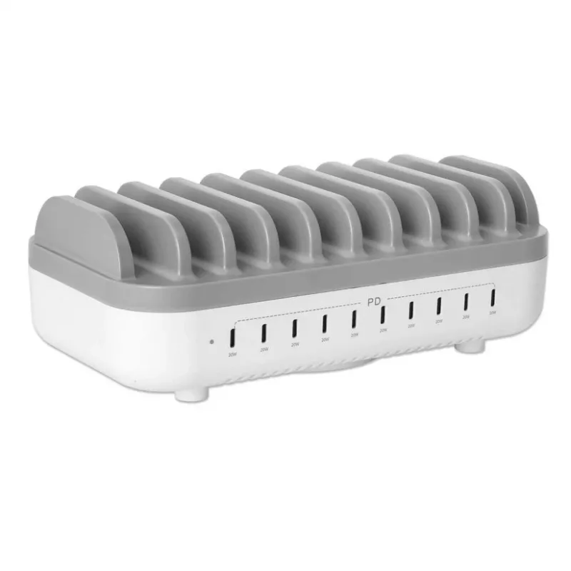 Manhattan 10 prievadų USB-C įkrovimo stotelė, USB-C išvestis: 10x 20W, maks. 200W, maitinimas iš kintamosios srovės tinklo (įsk. US/EU/UK adapterius)