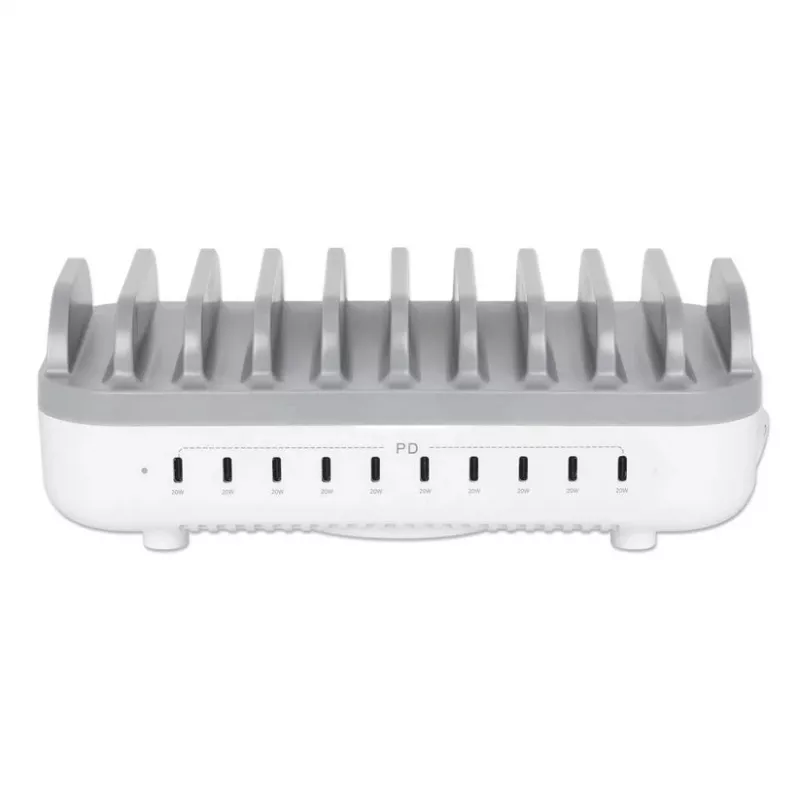 Manhattan 10 prievadų USB-C įkrovimo stotelė, USB-C išvestis: 10x 20W, maks. 200W, maitinimas iš kintamosios srovės tinklo (įsk. US/EU/UK adapterius)