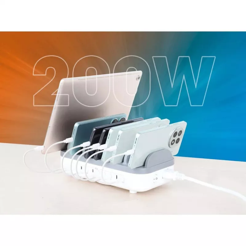 Manhattan 10 prievadų USB-C įkrovimo stotelė, USB-C išvestis: 10x 20W, maks. 200W, maitinimas iš kintamosios srovės tinklo (įsk. US/EU/UK adapterius)