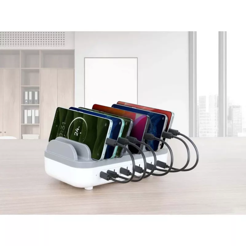 Manhattan 10 prievadų USB-C įkrovimo stotelė, USB-C išvestis: 10x 20W, maks. 200W, maitinimas iš kintamosios srovės tinklo (įsk. US/EU/UK adapterius)
