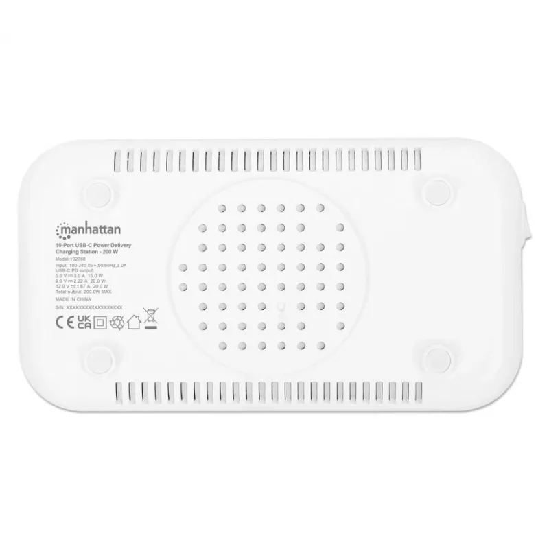 Manhattan 10 prievadų USB-C įkrovimo stotelė, USB-C išvestis: 10x 20W, maks. 200W, maitinimas iš kintamosios srovės tinklo (įsk. US/EU/UK adapterius)