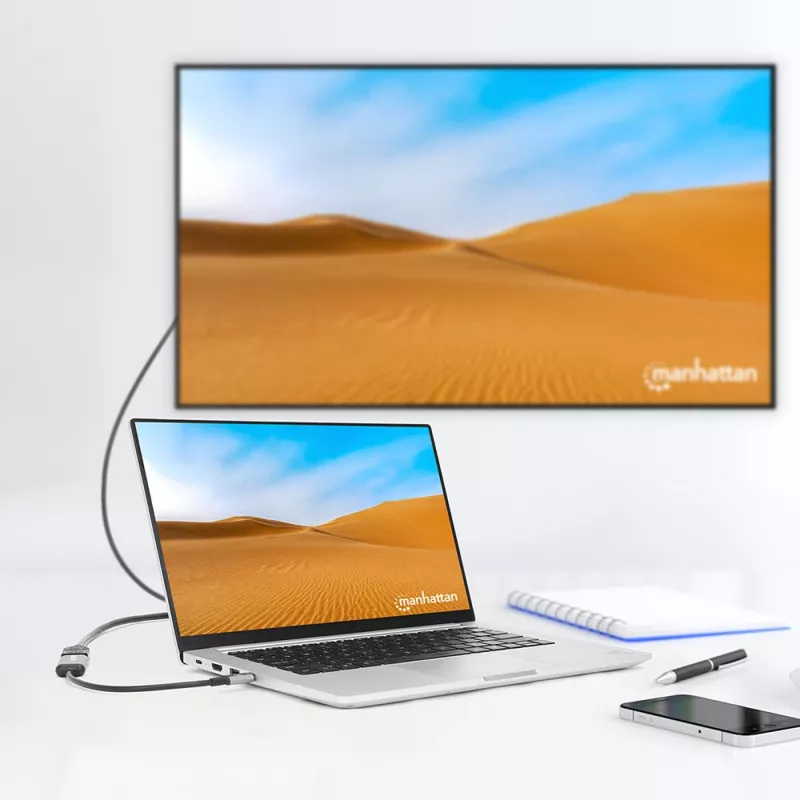 Manhattan USB-C į HDMI kabelis, 4K@60Hz, 5 Gbps (USB 3.2 Gen1 kitaip USB 3.0), 15 cm, juodas, vyriškas į moterišką, trejų metų garantija