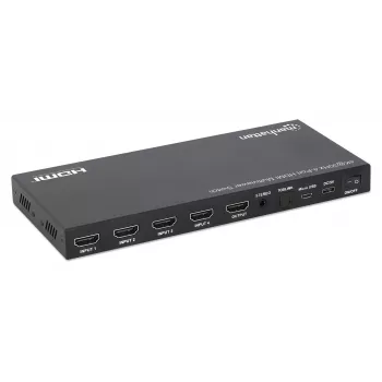 Manhattan 4K 4 prievadų HDMI Multiviewer Switch, jungiklis su keturiais įėjimais viename ekrane, 4K@30Hz, keli peržiūros variantai, įskaitant vaizdas vaizde ir dvigubą/keturgubą ekraną, mygtuko arba nuotolinio valdymo pulto valdymas, 3,5 mm ir Toslink garsas, juoda, 3 metų garantija