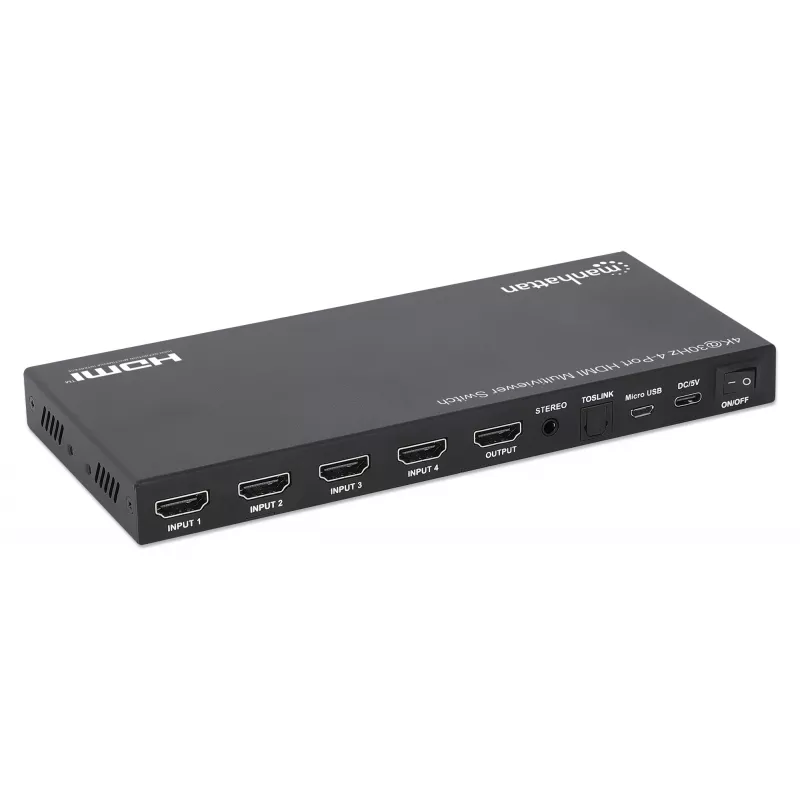Manhattan 4K 4 prievadų HDMI Multiviewer Switch, jungiklis su keturiais įėjimais viename ekrane, 4K@30Hz, keli peržiūros variantai, įskaitant vaizdas vaizde ir dvigubą/keturgubą ekraną, mygtuko arba nuotolinio valdymo pulto valdymas, 3,5 mm ir Toslink garsas, juoda, 3 metų garantija