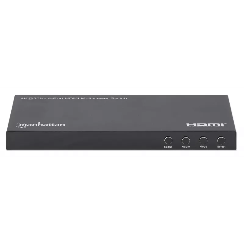 Manhattan 4K 4 prievadų HDMI Multiviewer Switch, jungiklis su keturiais įėjimais viename ekrane, 4K@30Hz, keli peržiūros variantai, įskaitant vaizdas vaizde ir dvigubą/keturgubą ekraną, mygtuko arba nuotolinio valdymo pulto valdymas, 3,5 mm ir Toslink garsas, juoda, 3 metų garantija