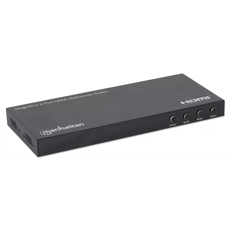 Manhattan 4K 4 prievadų HDMI Multiviewer Switch, jungiklis su keturiais įėjimais viename ekrane, 4K@30Hz, keli peržiūros variantai, įskaitant vaizdas vaizde ir dvigubą/keturgubą ekraną, mygtuko arba nuotolinio valdymo pulto valdymas, 3,5 mm ir Toslink garsas, juoda, 3 metų garantija