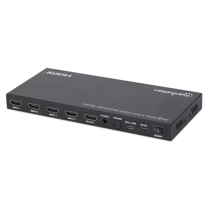 Manhattan 4K 4 prievadų HDMI Multiviewer Switch, jungiklis su keturiais įėjimais viename ekrane, 4K@30Hz, keli peržiūros variantai, įskaitant vaizdas vaizde ir dvigubą/keturgubą ekraną, mygtuko arba nuotolinio valdymo pulto valdymas, 3,5 mm ir Toslink garsas, juoda, 3 metų garantija