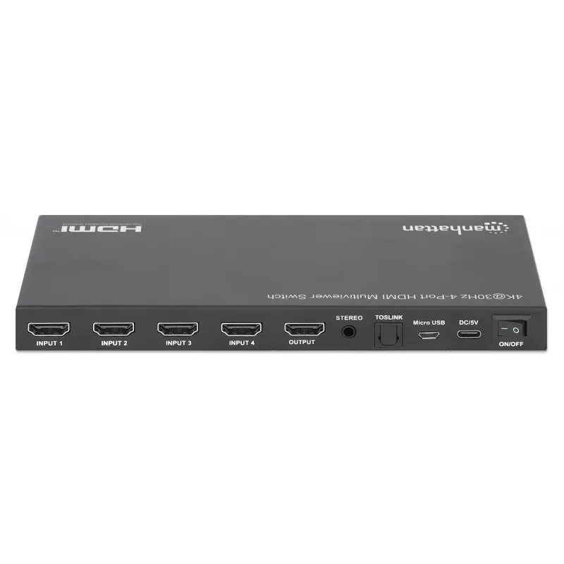 Manhattan 4K 4 prievadų HDMI Multiviewer Switch, jungiklis su keturiais įėjimais viename ekrane, 4K@30Hz, keli peržiūros variantai, įskaitant vaizdas vaizde ir dvigubą/keturgubą ekraną, mygtuko arba nuotolinio valdymo pulto valdymas, 3,5 mm ir Toslink garsas, juoda, 3 metų garantija