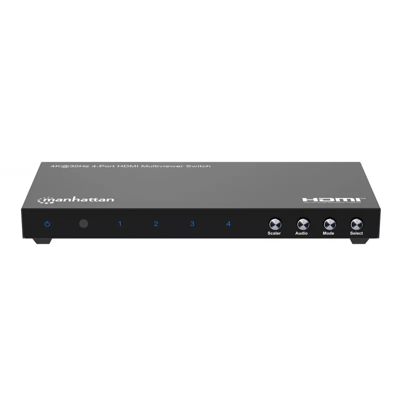 Manhattan 4K 4 prievadų HDMI Multiviewer Switch, jungiklis su keturiais įėjimais viename ekrane, 4K@30Hz, keli peržiūros variantai, įskaitant vaizdas vaizde ir dvigubą/keturgubą ekraną, mygtuko arba nuotolinio valdymo pulto valdymas, 3,5 mm ir Toslink garsas, juoda, 3 metų garantija