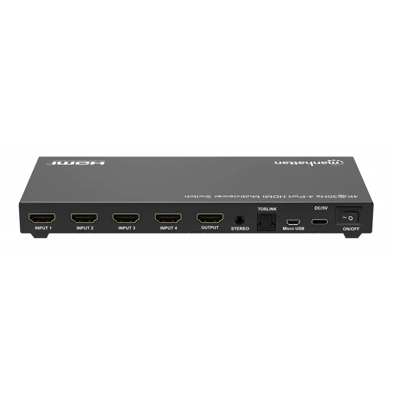 Manhattan 4K 4 prievadų HDMI Multiviewer Switch, jungiklis su keturiais įėjimais viename ekrane, 4K@30Hz, keli peržiūros variantai, įskaitant vaizdas vaizde ir dvigubą/keturgubą ekraną, mygtuko arba nuotolinio valdymo pulto valdymas, 3,5 mm ir Toslink garsas, juoda, 3 metų garantija