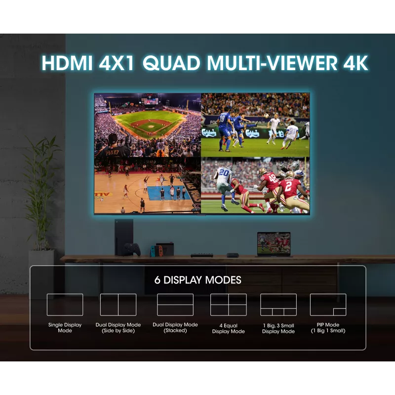 Manhattan 4K 4 prievadų HDMI Multiviewer Switch, jungiklis su keturiais įėjimais viename ekrane, 4K@30Hz, keli peržiūros variantai, įskaitant vaizdas vaizde ir dvigubą/keturgubą ekraną, mygtuko arba nuotolinio valdymo pulto valdymas, 3,5 mm ir Toslink garsas, juoda, 3 metų garantija