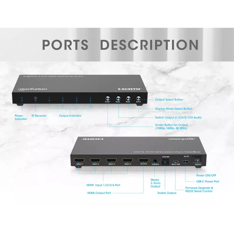 Manhattan 4K 4 prievadų HDMI Multiviewer Switch, jungiklis su keturiais įėjimais viename ekrane, 4K@30Hz, keli peržiūros variantai, įskaitant vaizdas vaizde ir dvigubą/keturgubą ekraną, mygtuko arba nuotolinio valdymo pulto valdymas, 3,5 mm ir Toslink garsas, juoda, 3 metų garantija