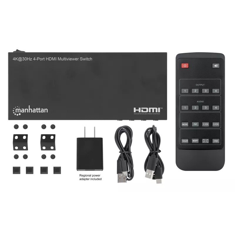 Manhattan 4K 4 prievadų HDMI Multiviewer Switch, jungiklis su keturiais įėjimais viename ekrane, 4K@30Hz, keli peržiūros variantai, įskaitant vaizdas vaizde ir dvigubą/keturgubą ekraną, mygtuko arba nuotolinio valdymo pulto valdymas, 3,5 mm ir Toslink garsas, juoda, 3 metų garantija