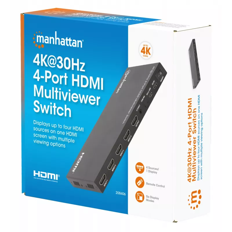 Manhattan 4K 4 prievadų HDMI Multiviewer Switch, jungiklis su keturiais įėjimais viename ekrane, 4K@30Hz, keli peržiūros variantai, įskaitant vaizdas vaizde ir dvigubą/keturgubą ekraną, mygtuko arba nuotolinio valdymo pulto valdymas, 3,5 mm ir Toslink garsas, juoda, 3 metų garantija