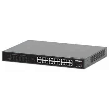Intellinet 24 prievadų gigabitinio eterneto PoE+ komutatorius su 2 SFP prievadais, atitinkantis IEEE 802.3at/af (PoE+/PoE), PoE galios biudžetas 370 W, du 1G SFP laisvi lizdai, 19 colių stovo montavimas