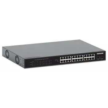 Intellinet 24 prievadų gigabitinio eterneto PoE+ komutatorius su 2 SFP prievadais, atitinkantis IEEE 802.3at/af (PoE+/PoE), PoE galios biudžetas 370 W, du 1G SFP laisvi lizdai, 19 colių stovo montavimas