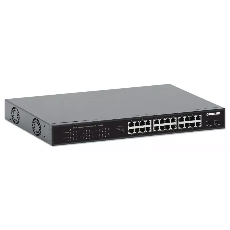 Intellinet 24 prievadų gigabitinio eterneto PoE+ komutatorius su 2 SFP prievadais, atitinkantis IEEE 802.3at/af (PoE+/PoE), PoE galios biudžetas 370 W, du 1G SFP laisvi lizdai, 19 colių stovo montavimas