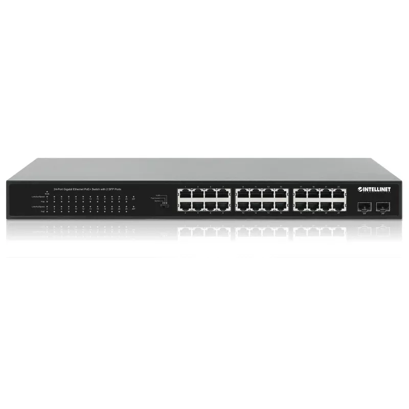 Intellinet 24 prievadų gigabitinio eterneto PoE+ komutatorius su 2 SFP prievadais, atitinkantis IEEE 802.3at/af (PoE+/PoE), PoE galios biudžetas 370 W, du 1G SFP laisvi lizdai, 19 colių stovo montavimas