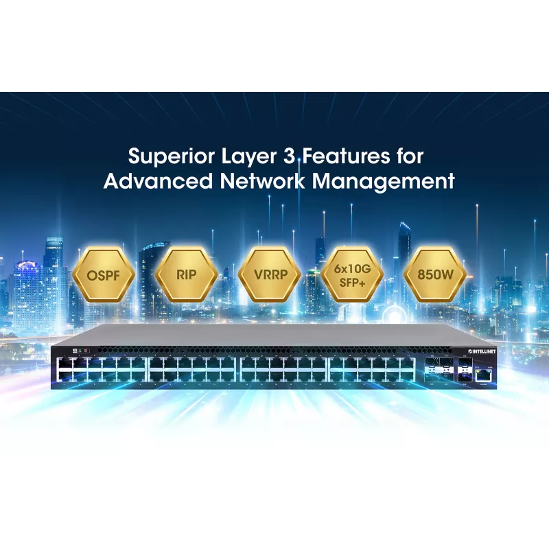 Intellinet 54 prievadų L3 pilnai valdomas PoE+ komutatorius su 48 Gigabit Ethernet prievadais ir 6 SFP+ aukštynkrypčiais