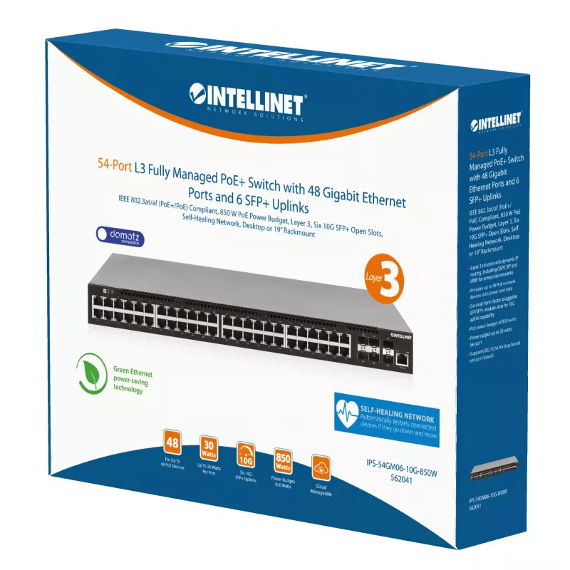 Intellinet 54 prievadų L3 pilnai valdomas PoE+ komutatorius su 48 Gigabit Ethernet prievadais ir 6 SFP+ aukštynkrypčiais
