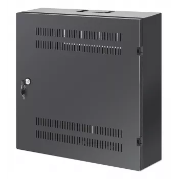 Intellinet žemo profilio 19 colių sieninė montuojama spinta su 4U horizontaliomis ir 2U vertikaliomis bėgeliais plona, erdvę taupanti korpusas, kurio gylis tik 170 mm (6,7 col.), idealiai tinka AV, multimedijos ir stebėjimo reikmėms, surinkta, juoda RAL 7021