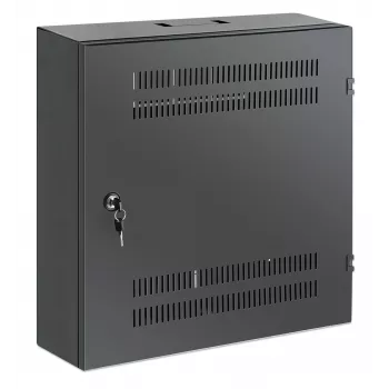 Intellinet žemo profilio 19 colių sieninė montuojama spinta su 4U horizontaliomis ir 2U vertikaliomis bėgeliais plona, erdvę taupanti korpusas, kurio gylis tik 170 mm (6,7 col.), idealiai tinka AV, multimedijos ir stebėjimo reikmėms, surinkta, juoda RAL 7021