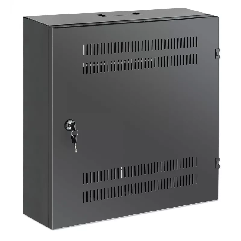 Intellinet žemo profilio 19 colių sieninė montuojama spinta su 4U horizontaliomis ir 2U vertikaliomis bėgeliais plona, erdvę taupanti korpusas, kurio gylis tik 170 mm (6,7 col.), idealiai tinka AV, multimedijos ir stebėjimo reikmėms, surinkta, juoda RAL 7021
