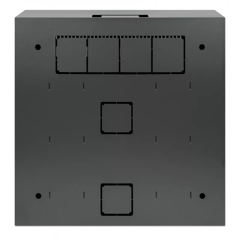 Intellinet žemo profilio 19 colių sieninė montuojama spinta su 4U horizontaliomis ir 2U vertikaliomis bėgeliais plona, erdvę taupanti korpusas, kurio gylis tik 170 mm (6,7 col.), idealiai tinka AV, multimedijos ir stebėjimo reikmėms, surinkta, juoda RAL 7021