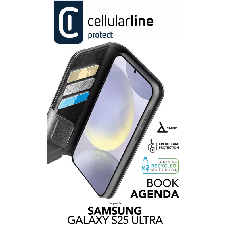 Cellularline Book Agenda - Galaxy S25 Ultra odinės apdailos knygelės tipo dėklas su magnetiniu užsegimu