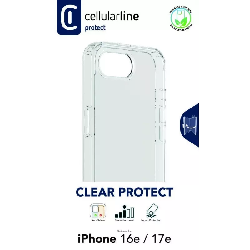Cellularline Clear Protect - iPhone 16e/17e Kietas dėklas su guminiais kraštais