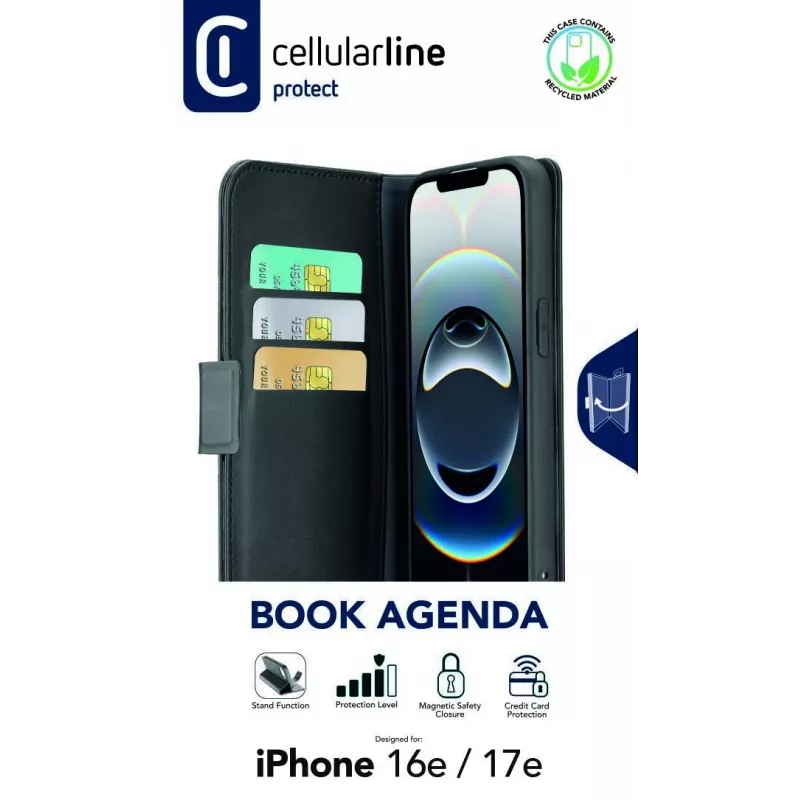 Cellularline Book Agenda - odinės apdailos knygos tipo dėklas su magnetiniu užsegimu, skirtas iPhone 16e/17e