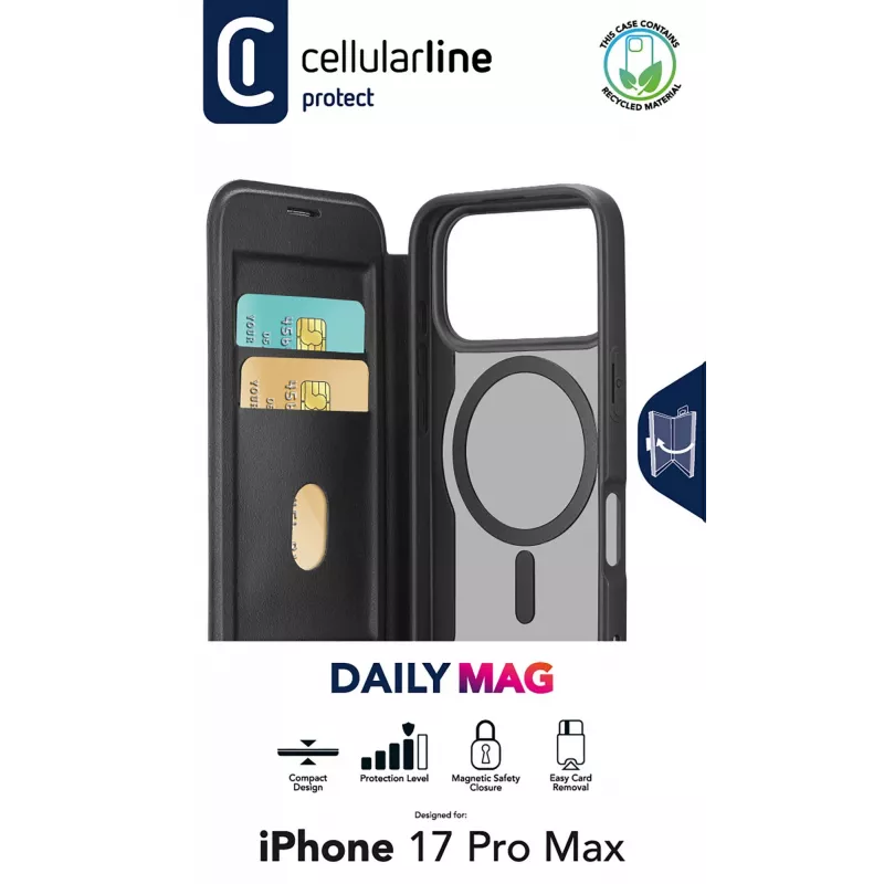 Cellularline Daily Mag - iPhone 17 Pro Max knyginis dėklas su pusiau permatoma kieta nugarėle, suderinama su Magsafe® ekosistema