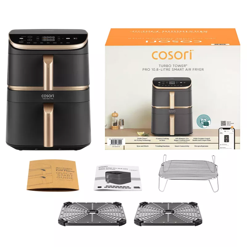 Cosori Turbo Tower Pro Smart atskirai stovinti 10,8 L 2630 W karšto oro gruzdintuvė Juoda, Auksinė