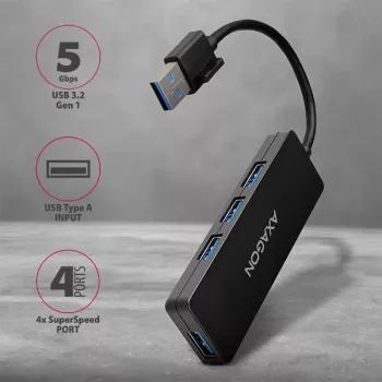 Axagon SuperSpeed USB plonas šakotuvas, USB 3.2 Gen 1 (3.1 Gen 1) Type-A, USB 3.2 Gen 1 (3.1 Gen 1) Type-A, 5000 Mbit/s, Juoda, Plastikas, 0.14 m