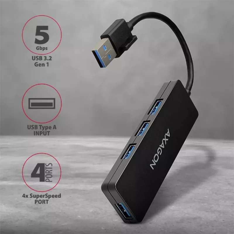 Axagon SuperSpeed USB plonas šakotuvas, USB 3.2 Gen 1 (3.1 Gen 1) Type-A, USB 3.2 Gen 1 (3.1 Gen 1) Type-A, 5000 Mbit/s, Juoda, Plastikas, 0.14 m