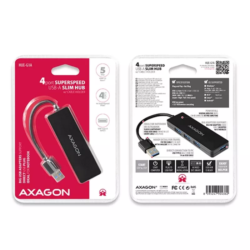 Axagon SuperSpeed USB plonas šakotuvas, USB 3.2 Gen 1 (3.1 Gen 1) Type-A, USB 3.2 Gen 1 (3.1 Gen 1) Type-A, 5000 Mbit/s, Juoda, Plastikas, 0.14 m