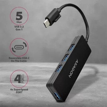 Axagon SuperSpeed USB-C plonas šakotuvas, USB 3.2 Gen 1 (3.1 Gen 1) Type-C, USB 3.2 Gen 1 (3.1 Gen 1) Type-A, 5000 Mbit/s, juodas, plastikinis, 0,14 m