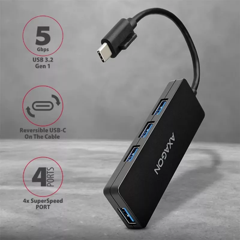 Axagon SuperSpeed USB-C plonas šakotuvas, USB 3.2 Gen 1 (3.1 Gen 1) Type-C, USB 3.2 Gen 1 (3.1 Gen 1) Type-A, 5000 Mbit/s, juodas, plastikinis, 0,14 m