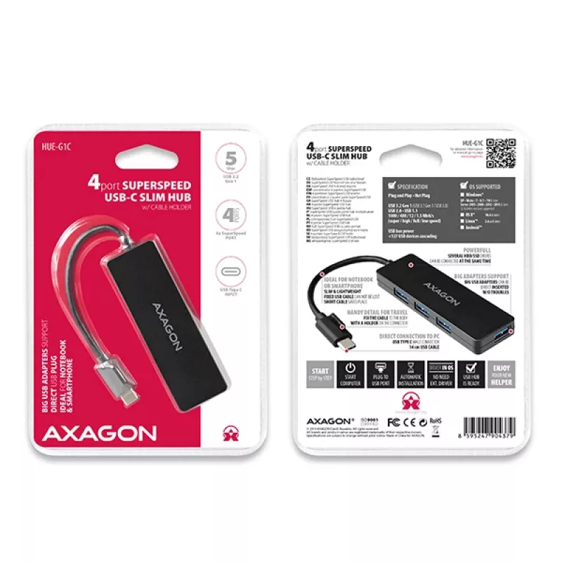 Axagon SuperSpeed USB-C plonas šakotuvas, USB 3.2 Gen 1 (3.1 Gen 1) Type-C, USB 3.2 Gen 1 (3.1 Gen 1) Type-A, 5000 Mbit/s, juodas, plastikinis, 0,14 m